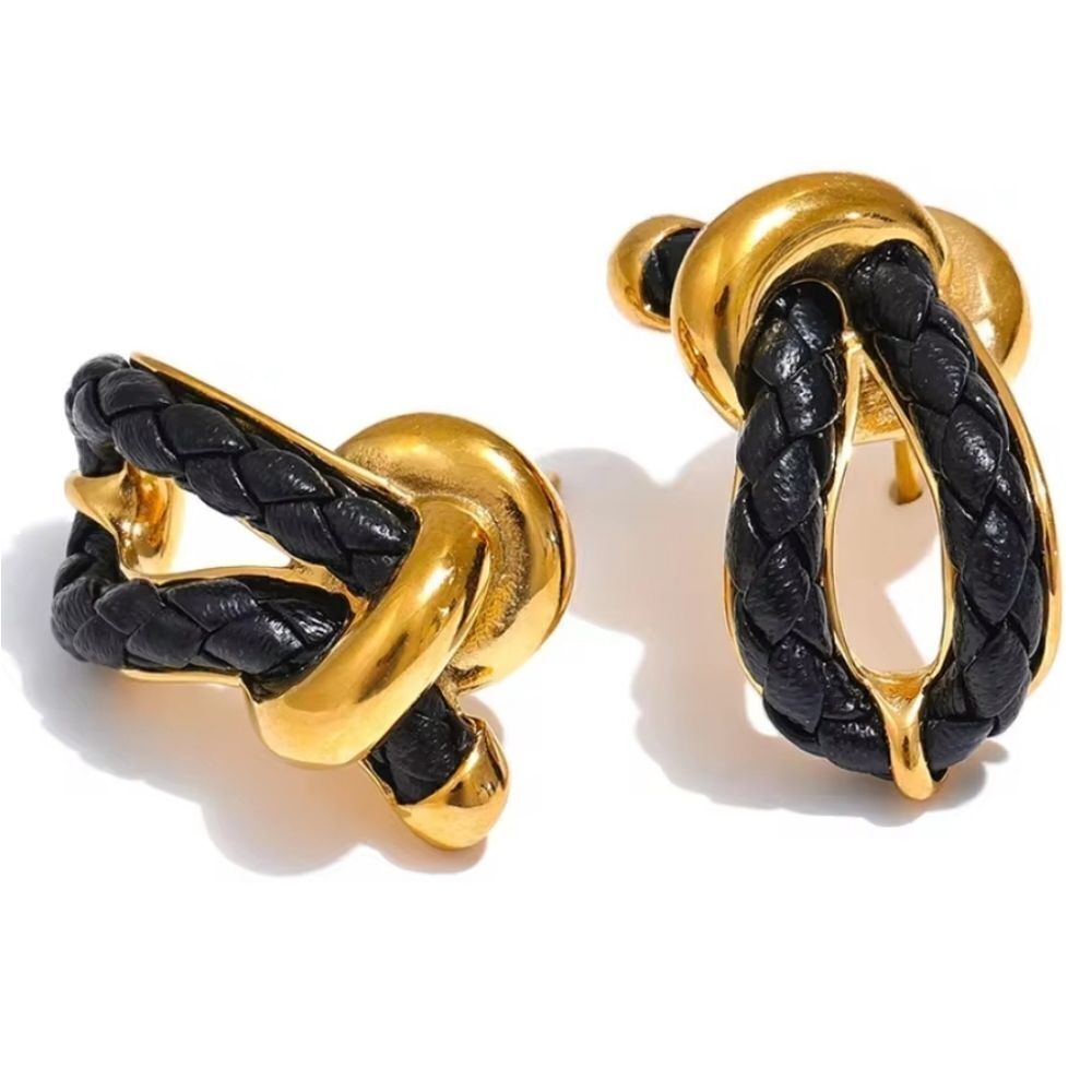 New! Black Leather Sailor Knot Earrings • Gold Plated • NWOT 2015A